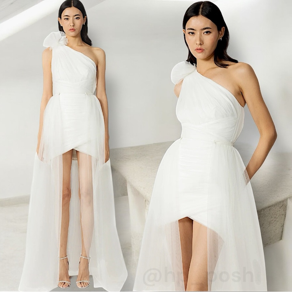 SAU LEE SIDNEY DRESS One shoulder ruched tulle mini skirt with detachable train